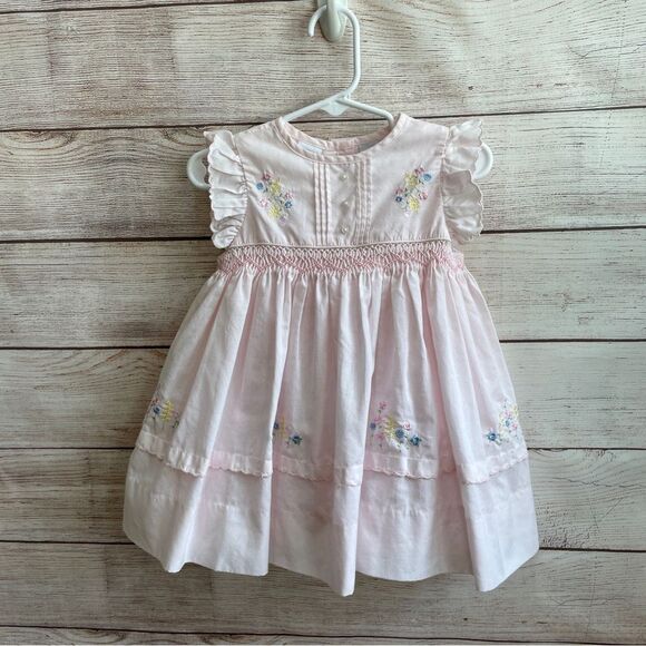 VINTAGE PARISIAN EMBROIDERED DRESS IN PINK WITH ATTACHED RUFFLE SLIP - Picture 1 of 6